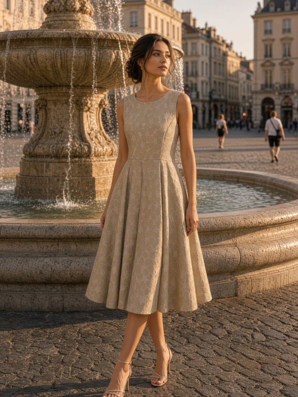 Madrilena Women Beige Textured Floral Flare A-Line Dress Italy Softly Plaza US L
